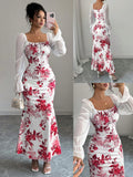 VESTIDO DE MUJER CON ESTAMPADO FLORAL Y MANGAS BLANCAS