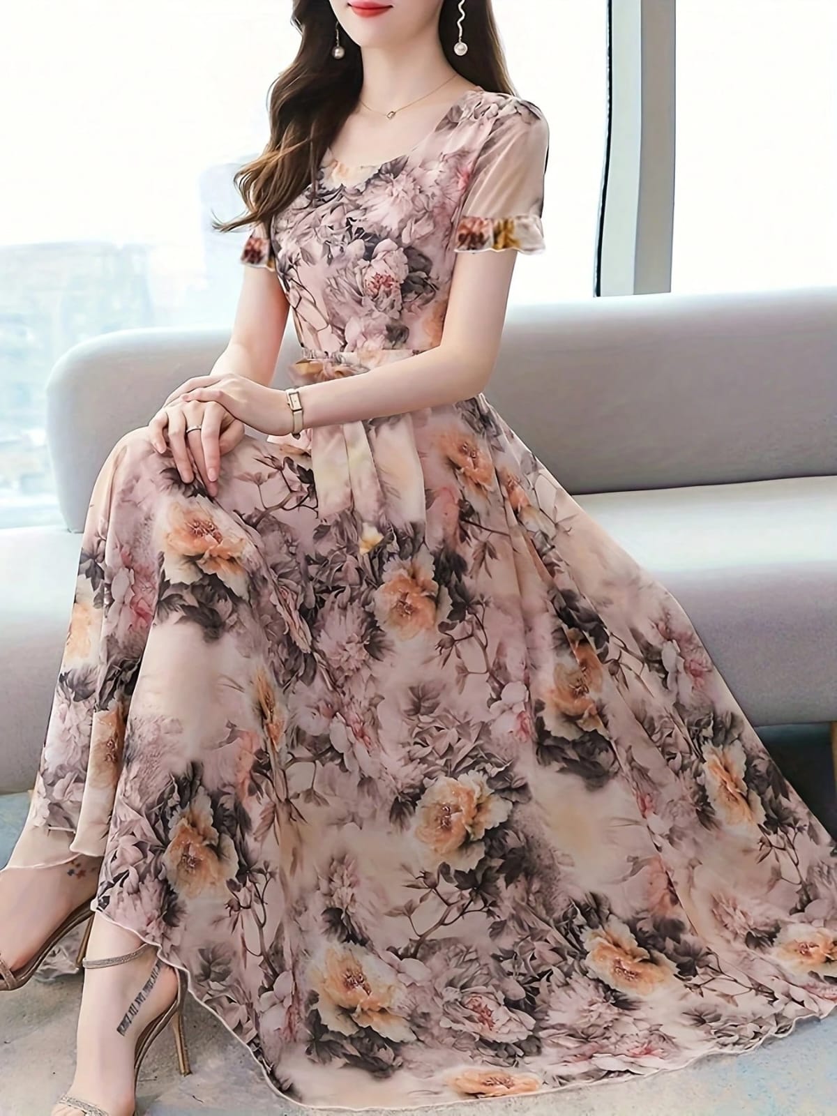 VESTIDO DE MUJER MANGA CORTA CON ESTAMPADO DE FLORES