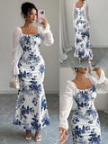 VESTIDO DE MUJER CON ESTAMPADO FLORAL Y MANGAS BLANCAS