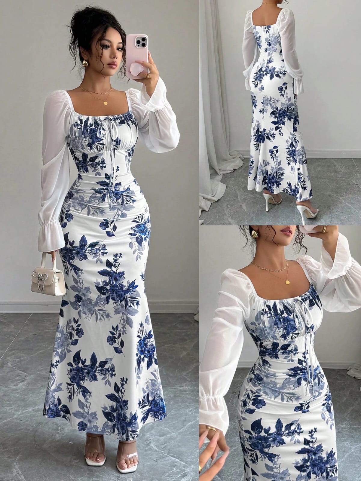 VESTIDO DE MUJER CON ESTAMPADO FLORAL Y MANGAS BLANCAS