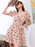 VESTIDO DE MUJER MANGA CORTA CON ESTAMPADO DE CEREZA