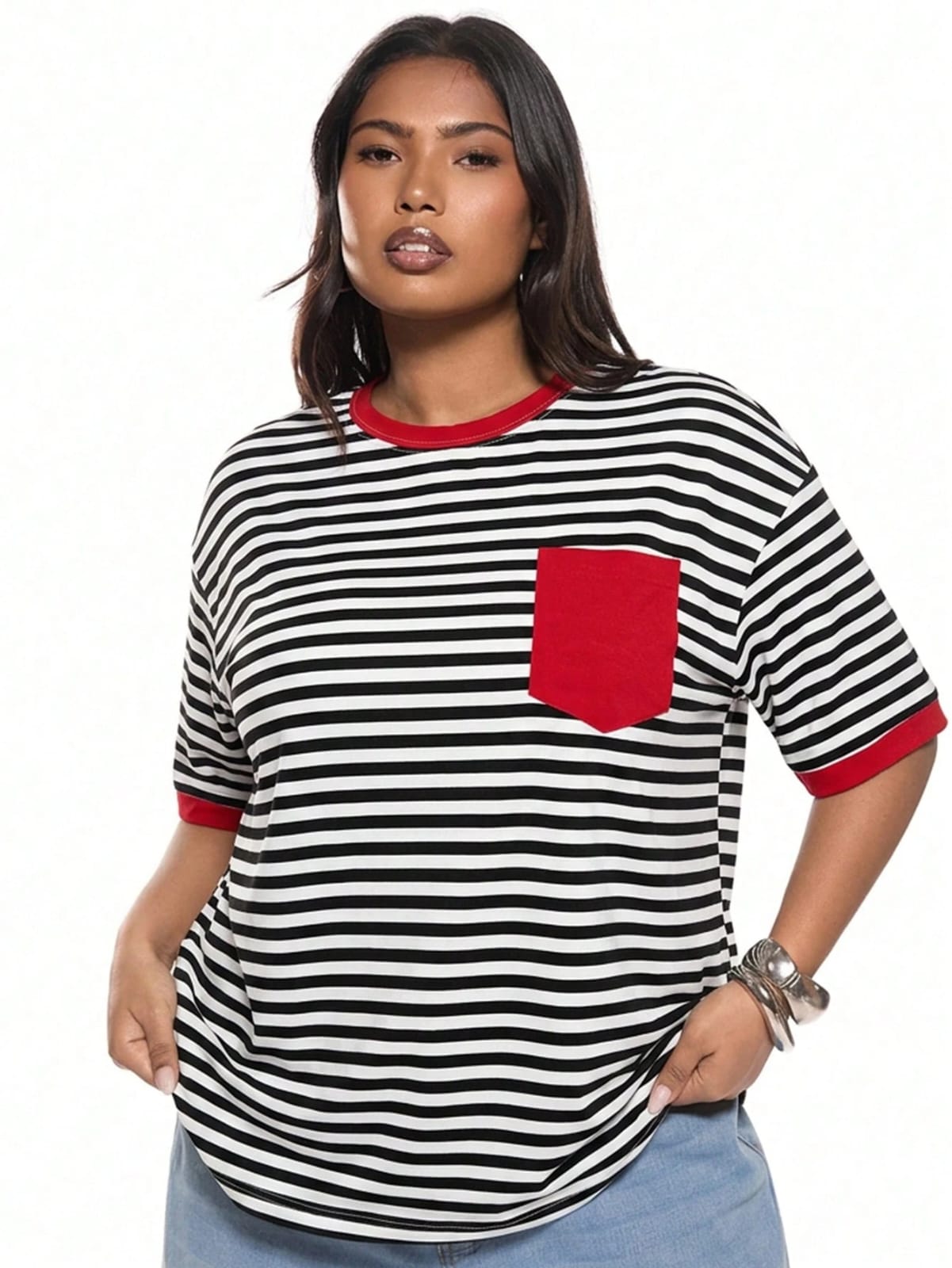 CAMISA DE MUJER DE RAYAS CON ORILLAS ROJAS