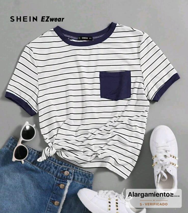 CAMISA DE MUJER DE RAYAS CON ORILLAS AZUL