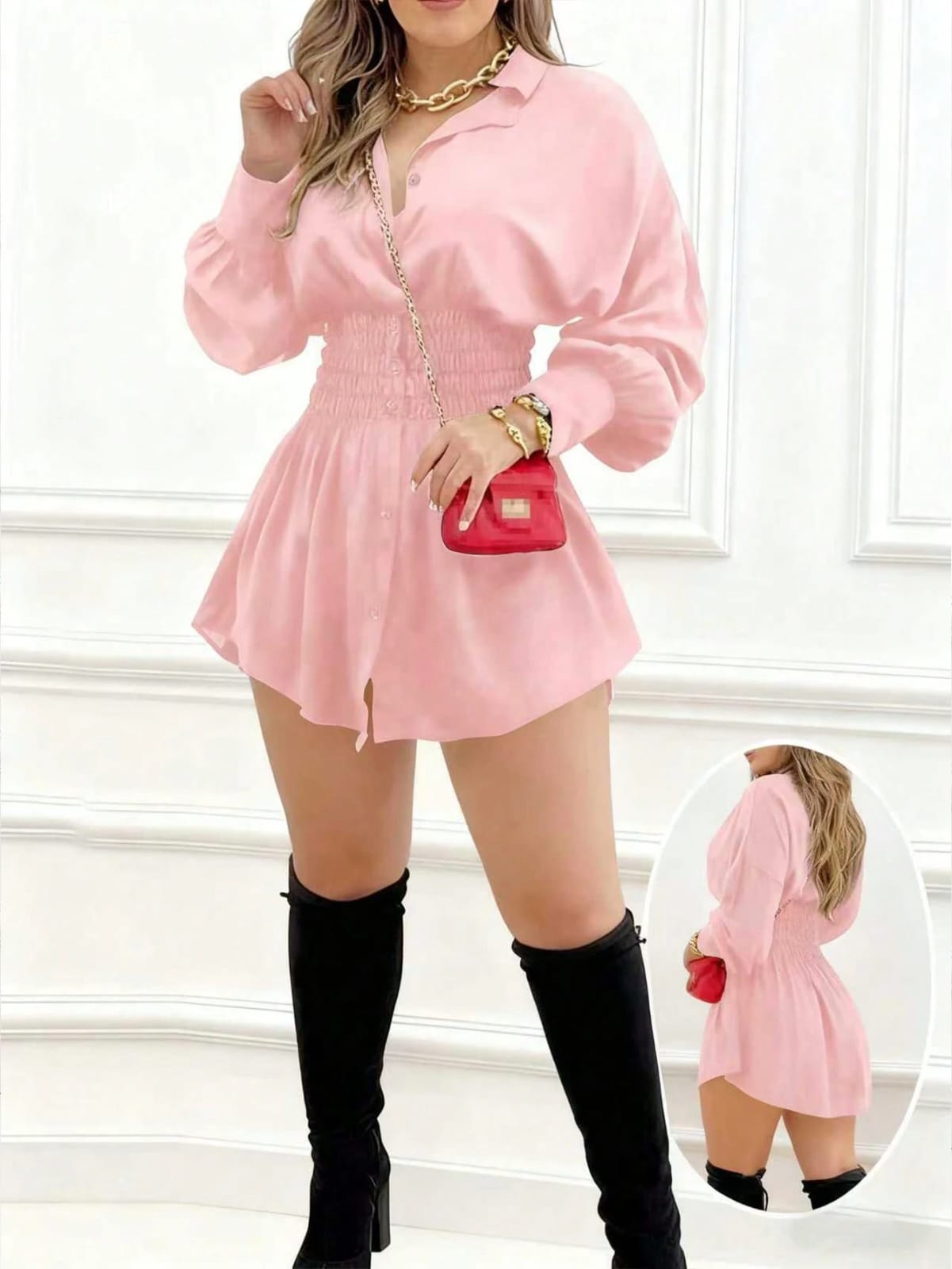 VESTIDO DE MUJER MANGA LARGA CON CINTURA ELASTICA
