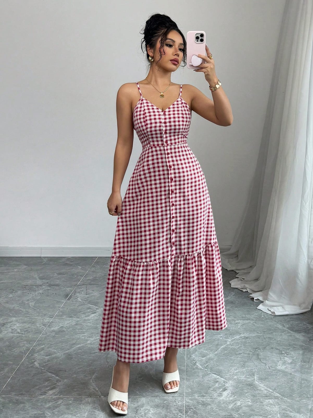 VESTIDO DE MUJER CON CUADROS Y BOTONES