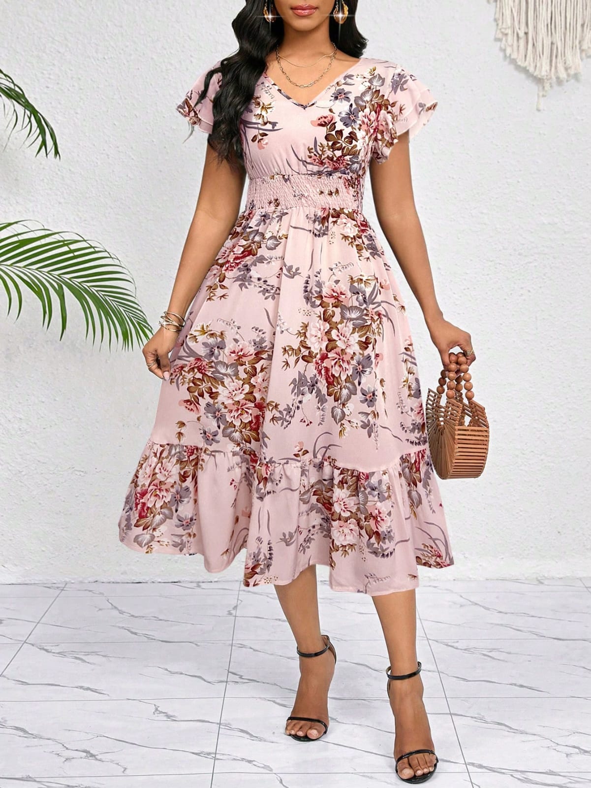 VESTIDO DE MUJER CUELLO V CON ESTAMPADO FLORAL