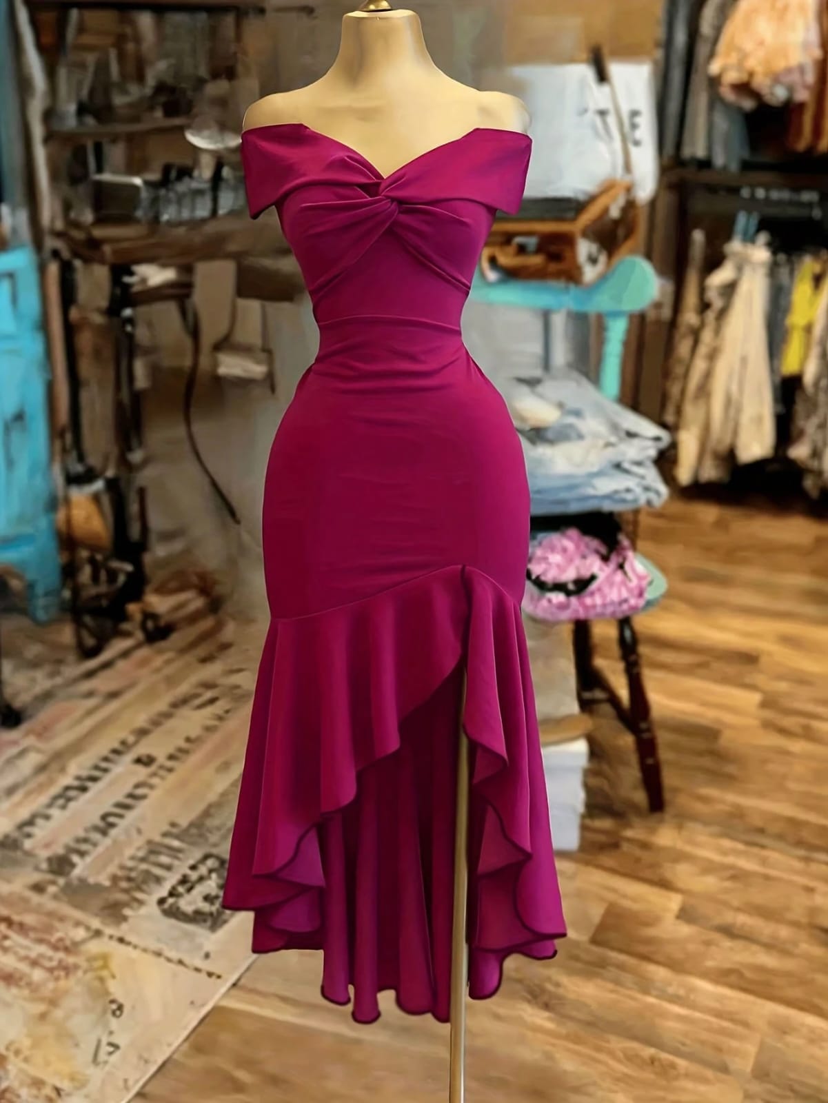VESTIDO DE MUJER CON HOMBROS DESCUBIERTOS LARGO DE ATRAS