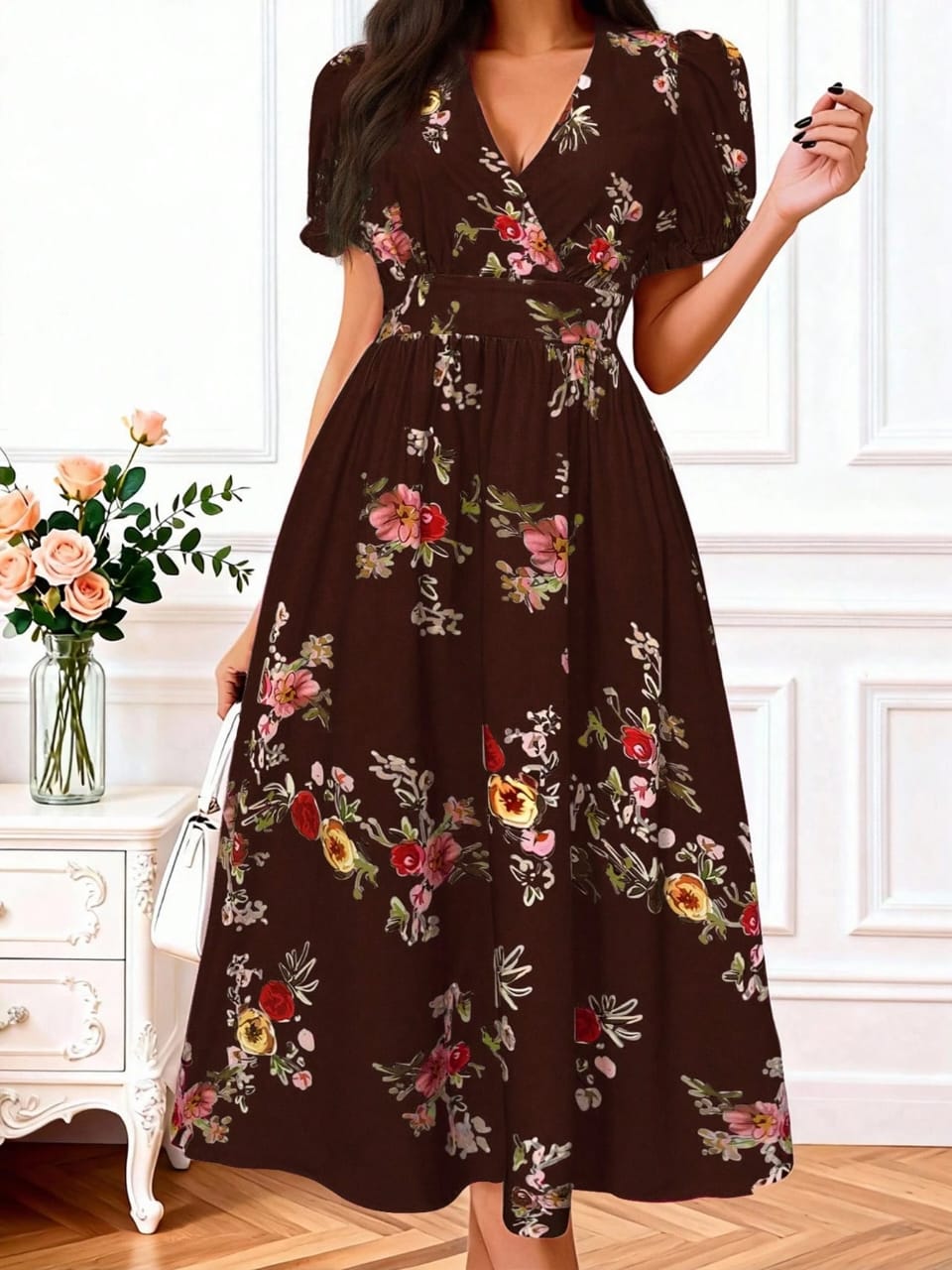 VESTIDO LARGO DE MUJER CUELLO V CON ESTAMPADO FLORAL