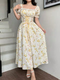 VESTIDO DE MUJER CUELLO DE ENCAJE Y ESTAMPADO FLORAL
