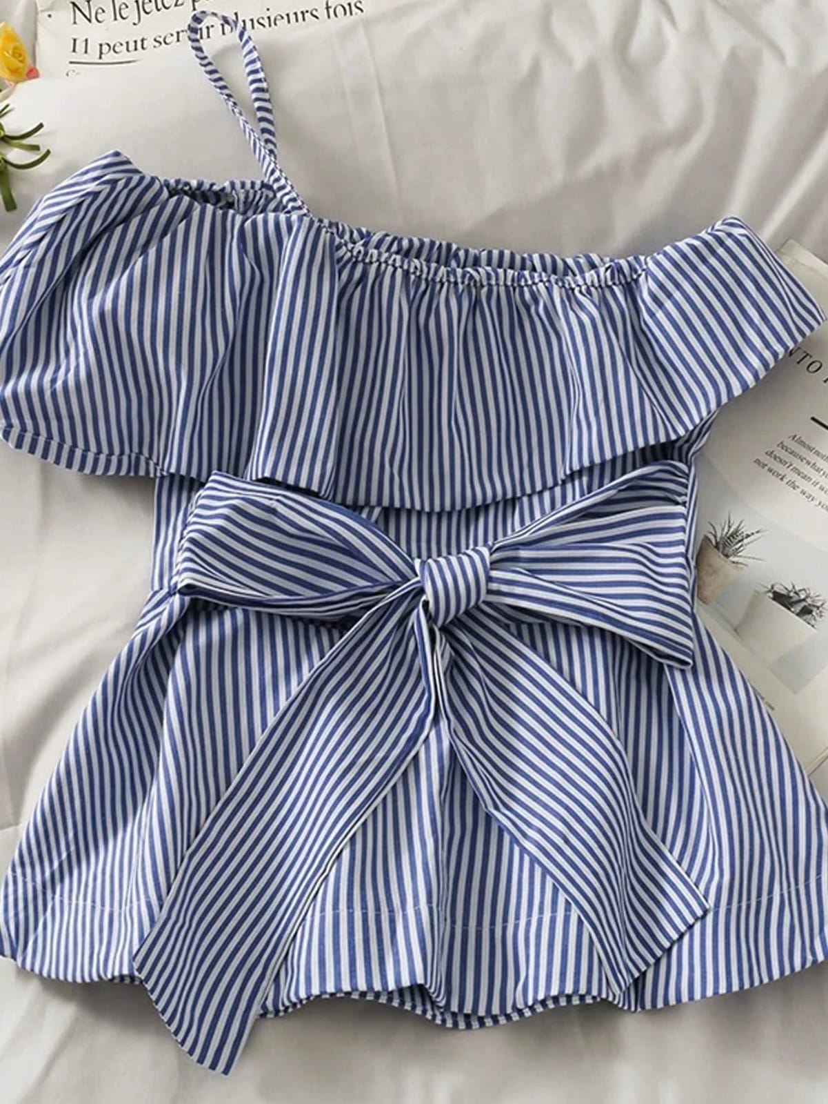 BLUSA DE MUJER DE VOLANTES A RAYAS CIN CINTURON DE AMARRE