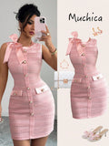 VESTIDO DE SATEN CON BOTONES Y LAZO
