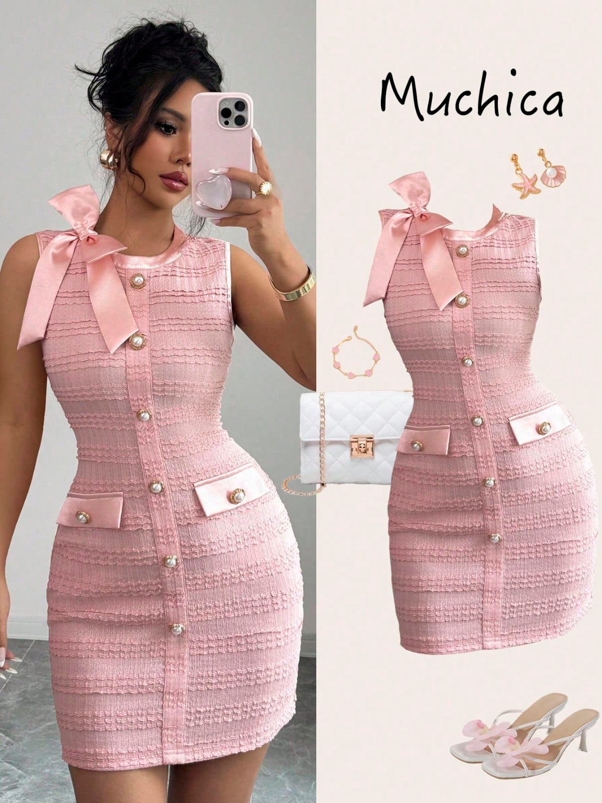 VESTIDO DE SATEN CON BOTONES Y LAZO