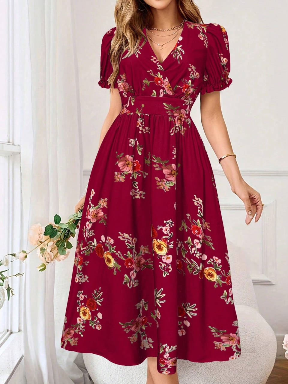 VESTIDO LARGO DE MUJER CUELLO V CON ESTAMPADO FLORAL