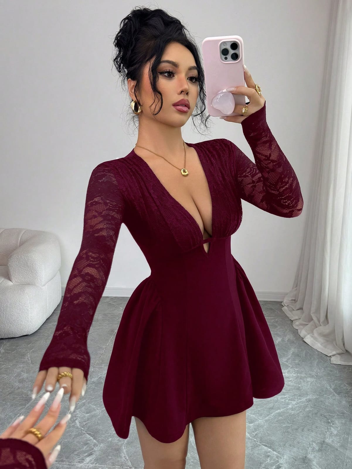 VESTIDO DE MUJER DE MANGA LARGA DE ENCAJE