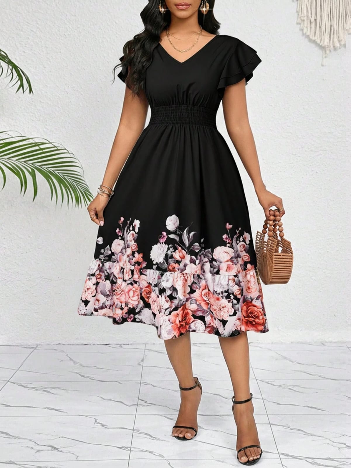 VESTIDO DE MUJER CUELLO V CON ESTAMPADO FLORAL