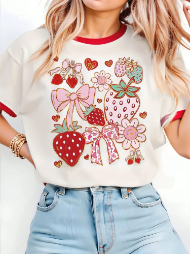 CAMISA BLANCA CON FRESAS ROJAS Y ROSADAS DE MUJER