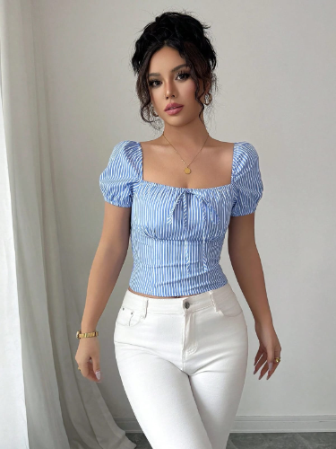 CAMISA CELESTE CON RAYAS BLANCAS DE MUJER