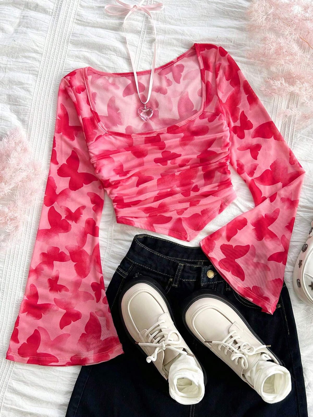 CAMISA ROSA CON MARIPOSAS ROJAS TALLA L 50000676