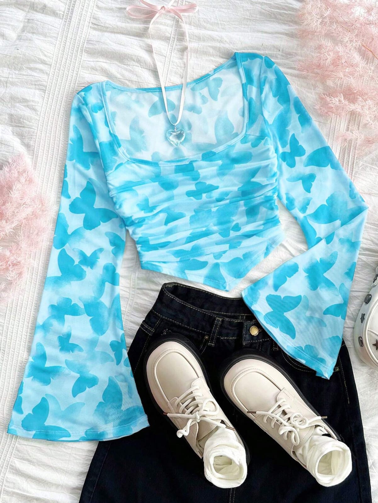 CAMISA CELESTE CON MARIPOSAS AZULES TALLA L 0007200