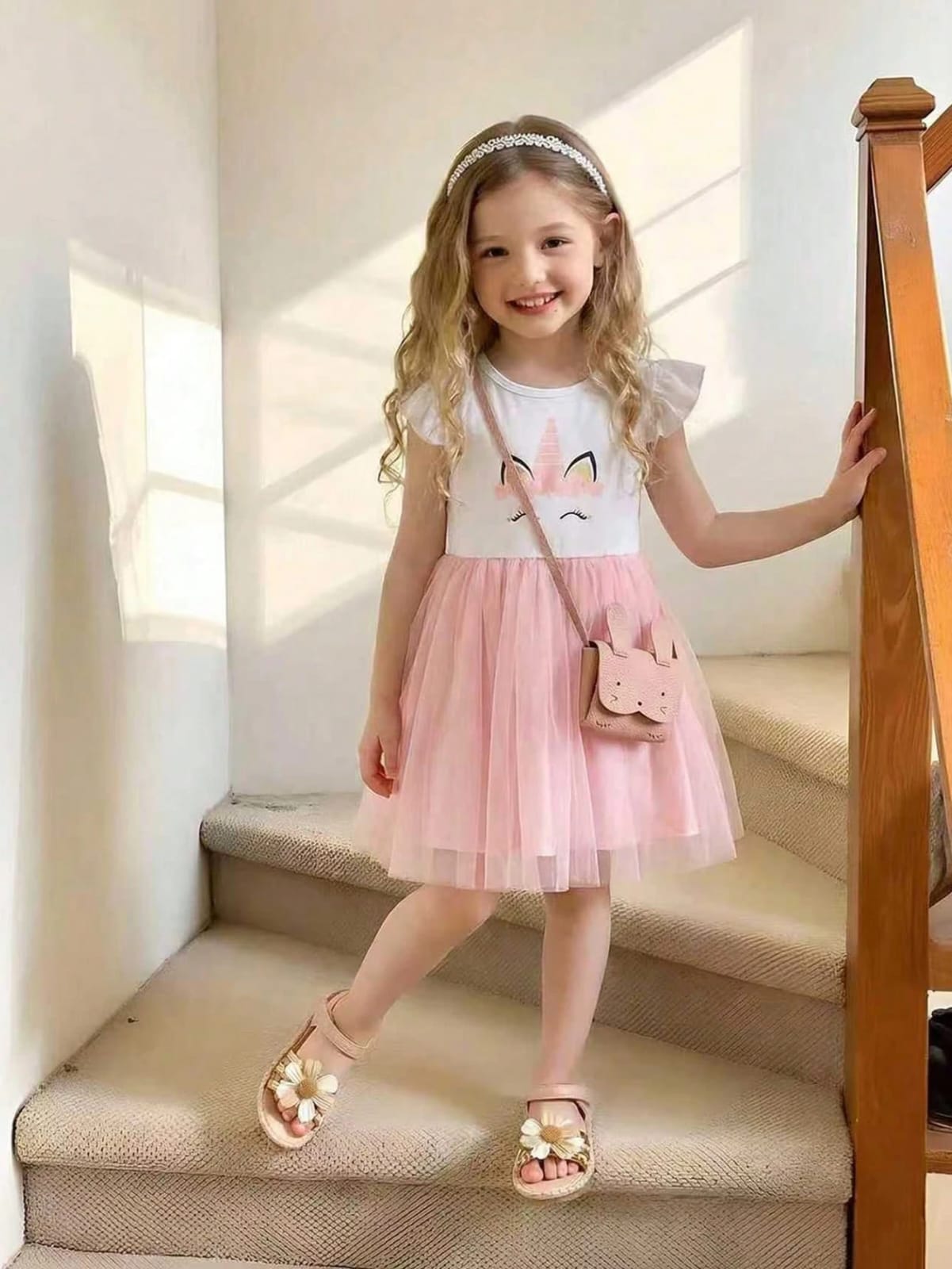VESTIDO DE NIÑA DE UNICORNIO COLOR BLANCO CON ROSADO TALLA 6 AÑOS