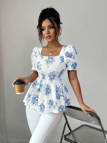 CAMISA BLANCA Y  CELESTE CON VUELO DE MUJER