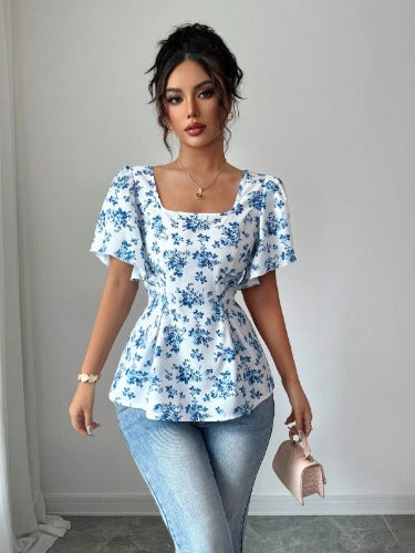 CAMISA DE MUJER BLANCO CON CELESTE DE MUJER