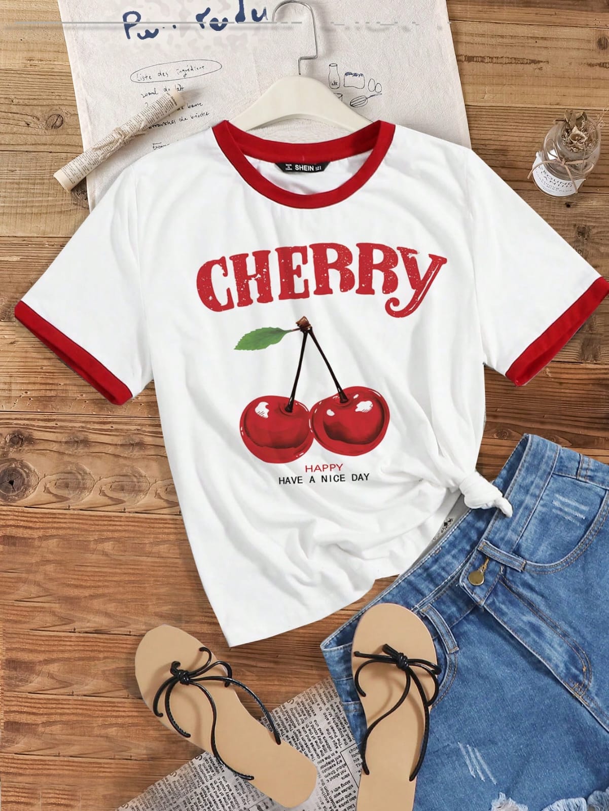 CAMISA DE CHERRY CON BORDES ROJOS DE MUJER