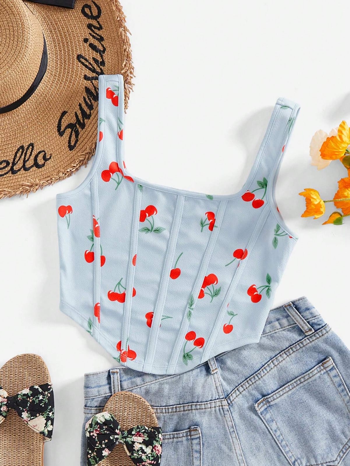TOP CELESTE CON CEREZAS ROJAS DE MUJER