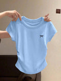 CAMISA DE MUJER CELESTE CON DIBUJO DE MOÑO TALLA M