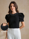 CAMISA NEGRA DE MUJER CON PERLAS