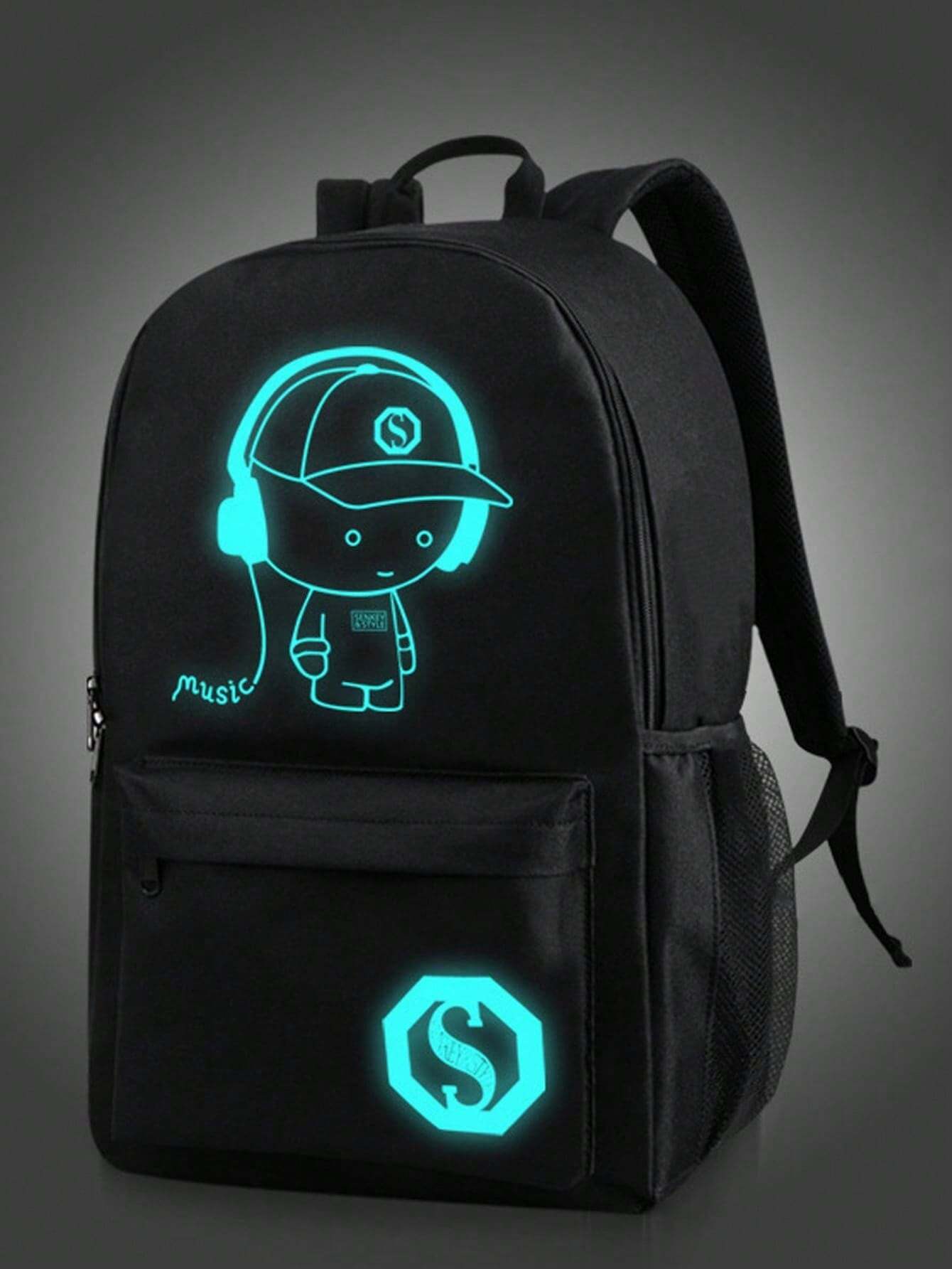 MOCHILA NEGRA CON DIBUJO FLUORESCENTE