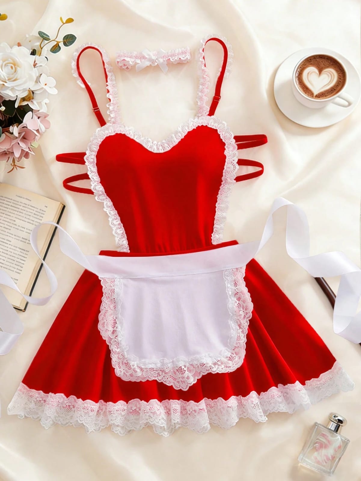 LENCERIA ESTILO SIRVIENTA ROJO Y BLANCO