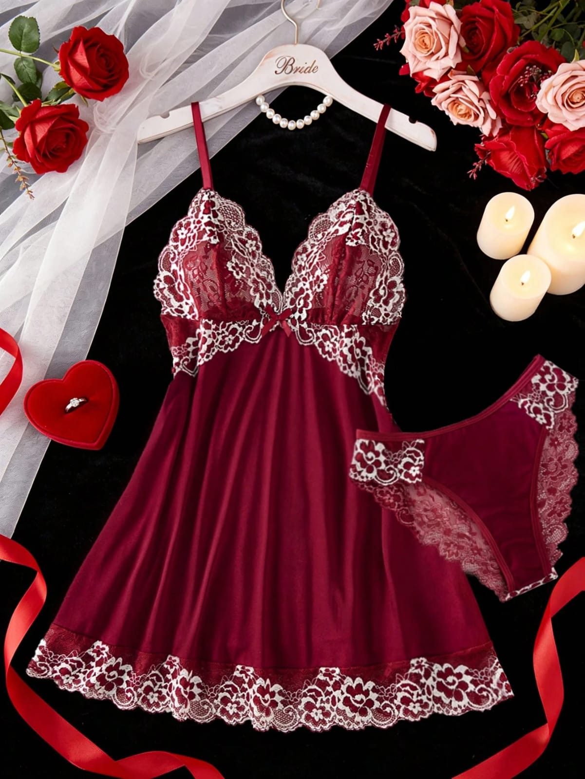 LENCERIA COLOR VINO CON BORDES BLANCOS