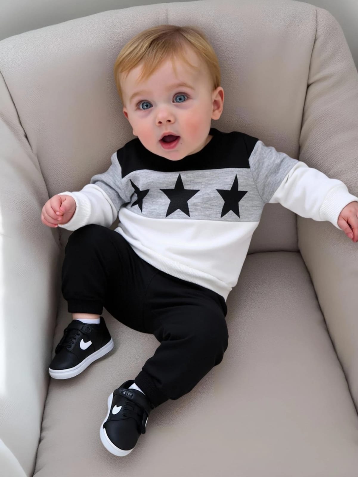 CONJUNTO NEGRO Y BLANCO CON ESTRELLAS EN EL CENTRO