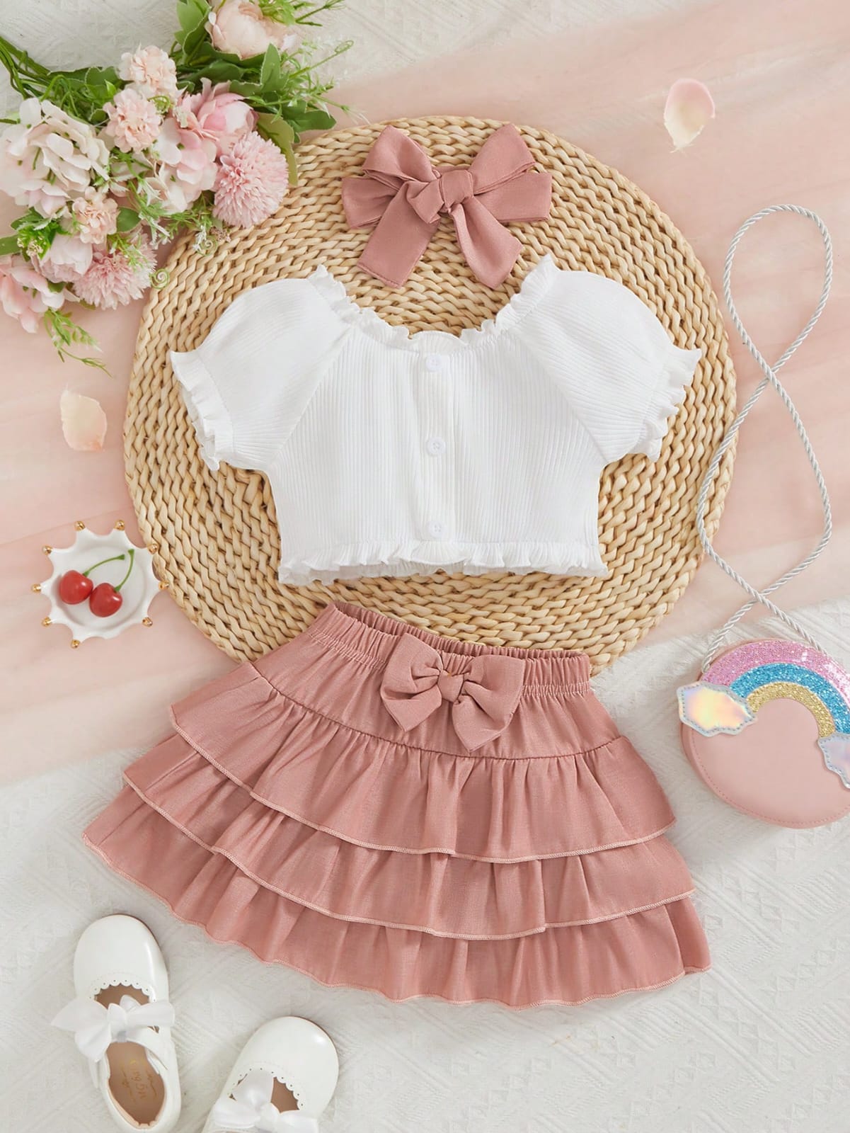 CONJUNTO BLANCO Y ROSA VIEJA CON VUELOS Y CAMISA CORTA DE NIÑA