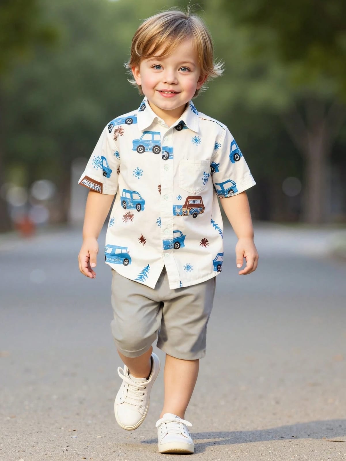 CONJUNTO BLANCO CON DISEÑO DE CARRITOS DE NIÑO