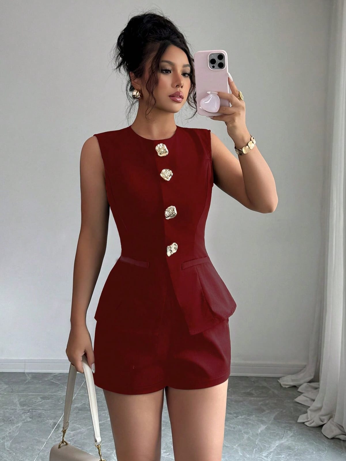 CONJUNTO SHOR Y BLUSA ROJO VINO DE MUJER
