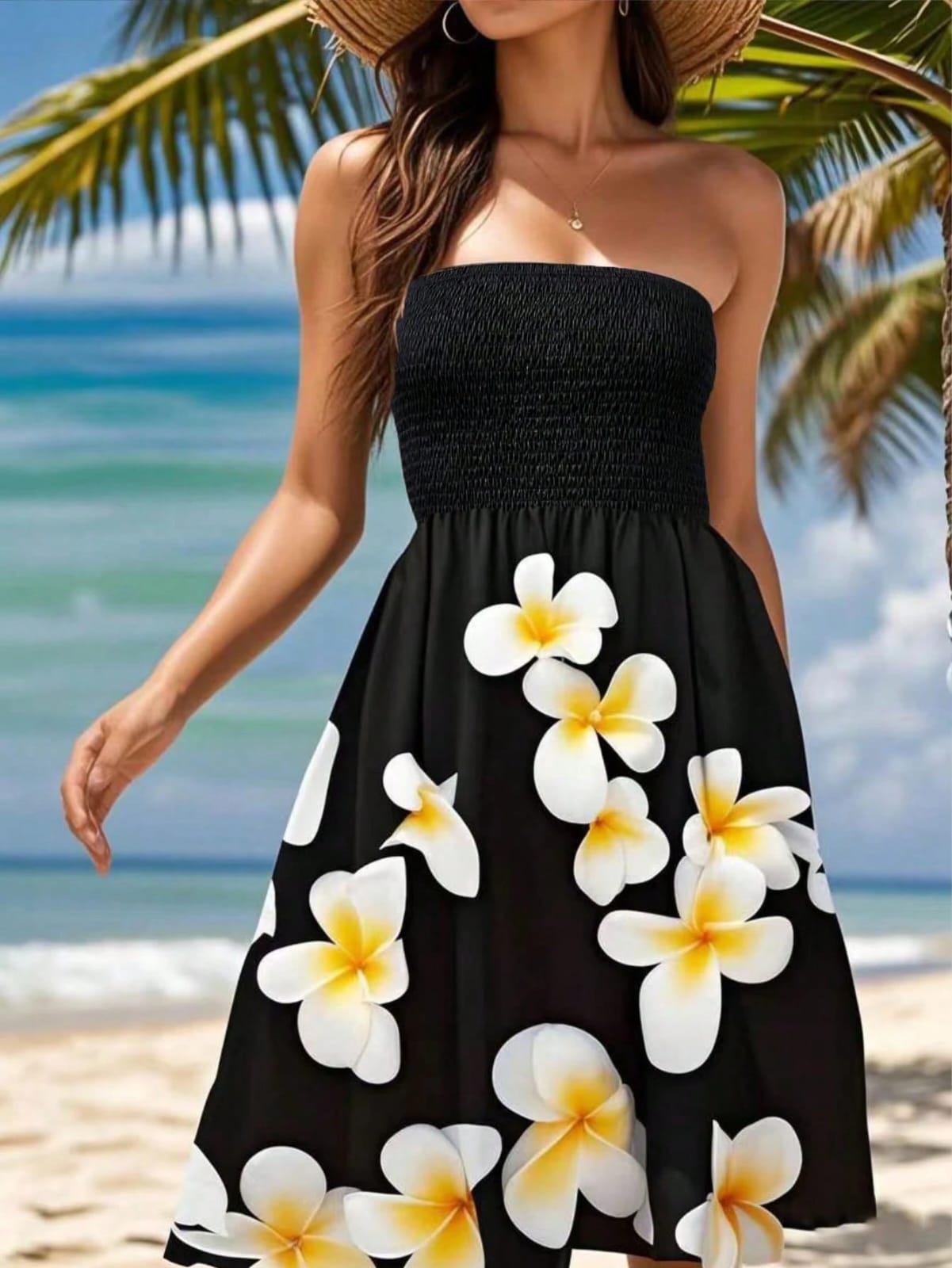 VESTIDO NEGRO CON FLORES BLANCAS CON ESCOTE