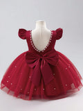 VESTIDO ROJO VINO CON PERLAS DE NIÑA