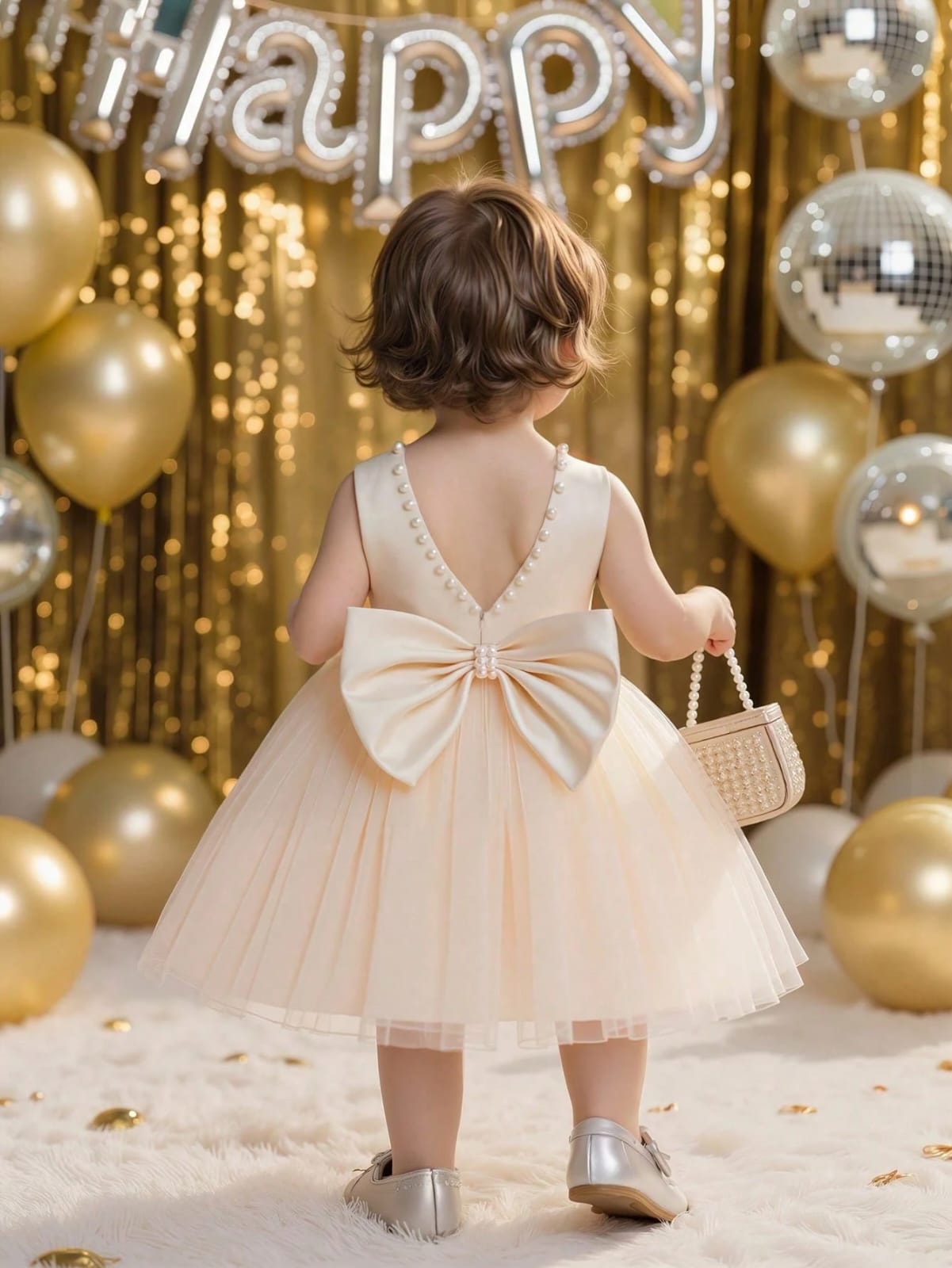 VESTIDO CON PERLAS EN EL CUELLO DE NIÑA
