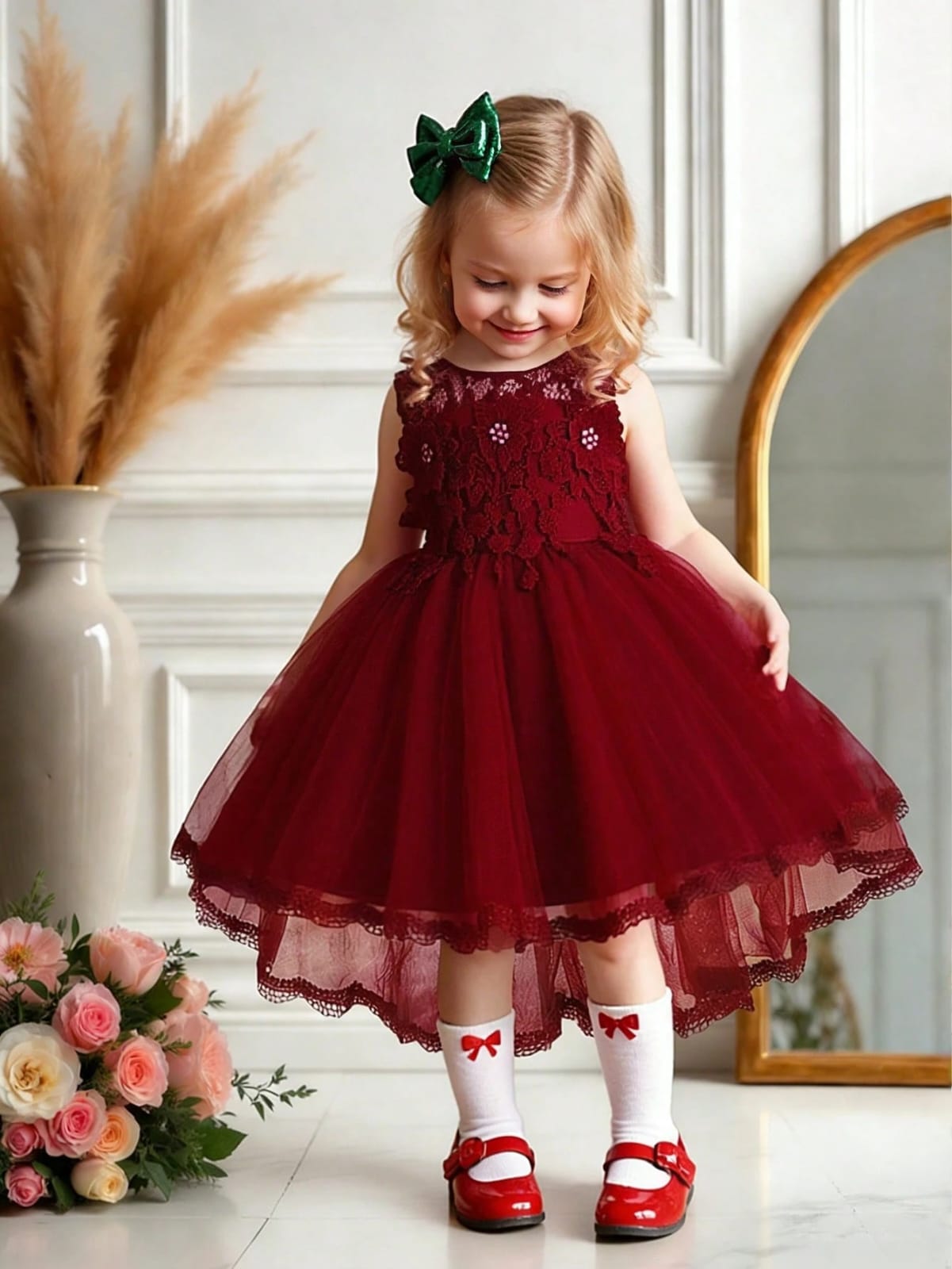 VESTIDO ROJO VINO CON COLA