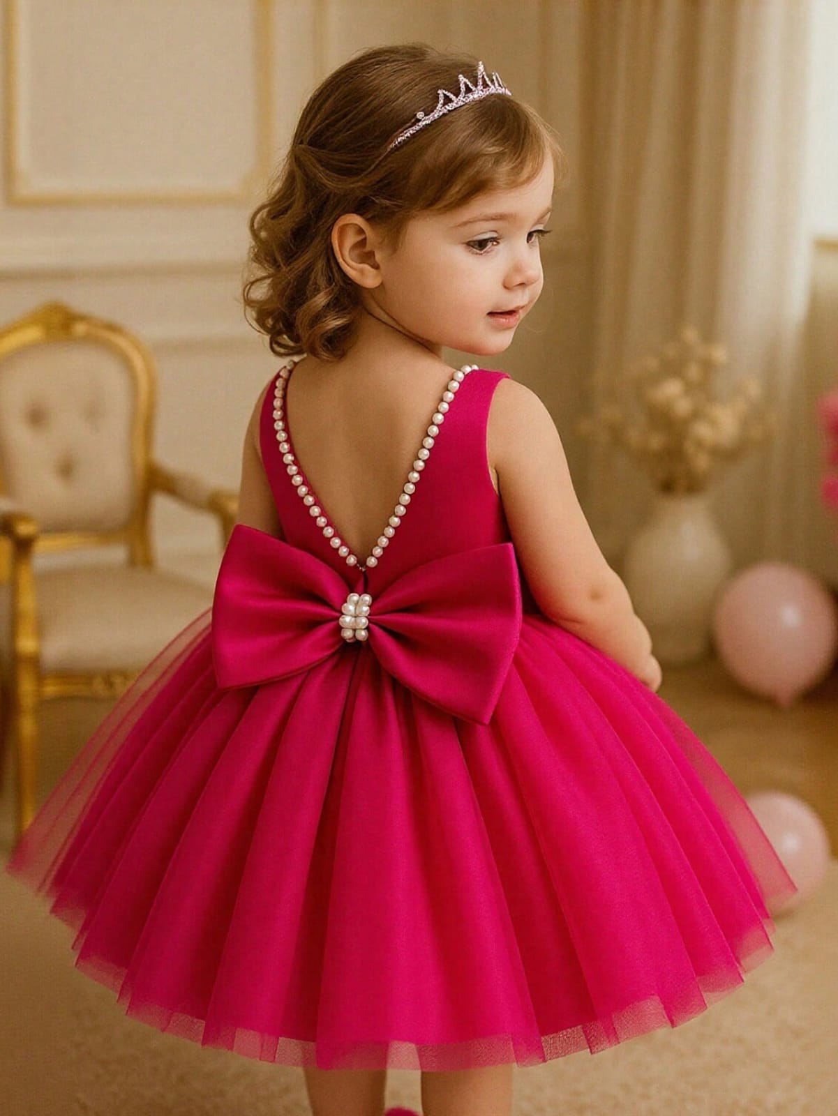 VESTIDO ROSADO CON PERLAS CON CHONGO EN LA PARTE DE ATRAS DE NIÑA