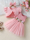 VESTIDO ROSA CON CHALECO Y DIADEMA CON FLORES