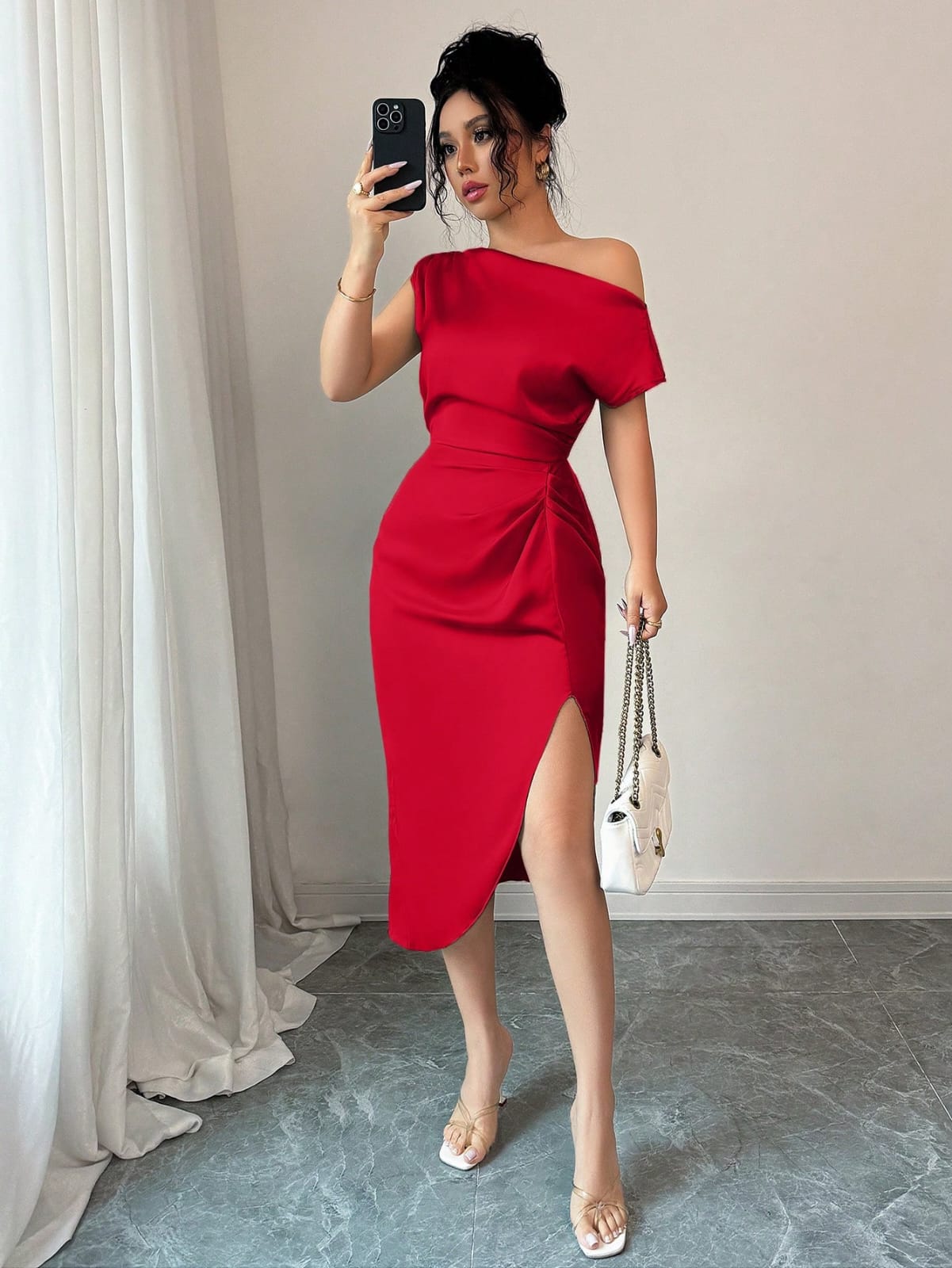 VESTIDO CON MANGA CAIDA TELA SATIN DE MUJER 0009333