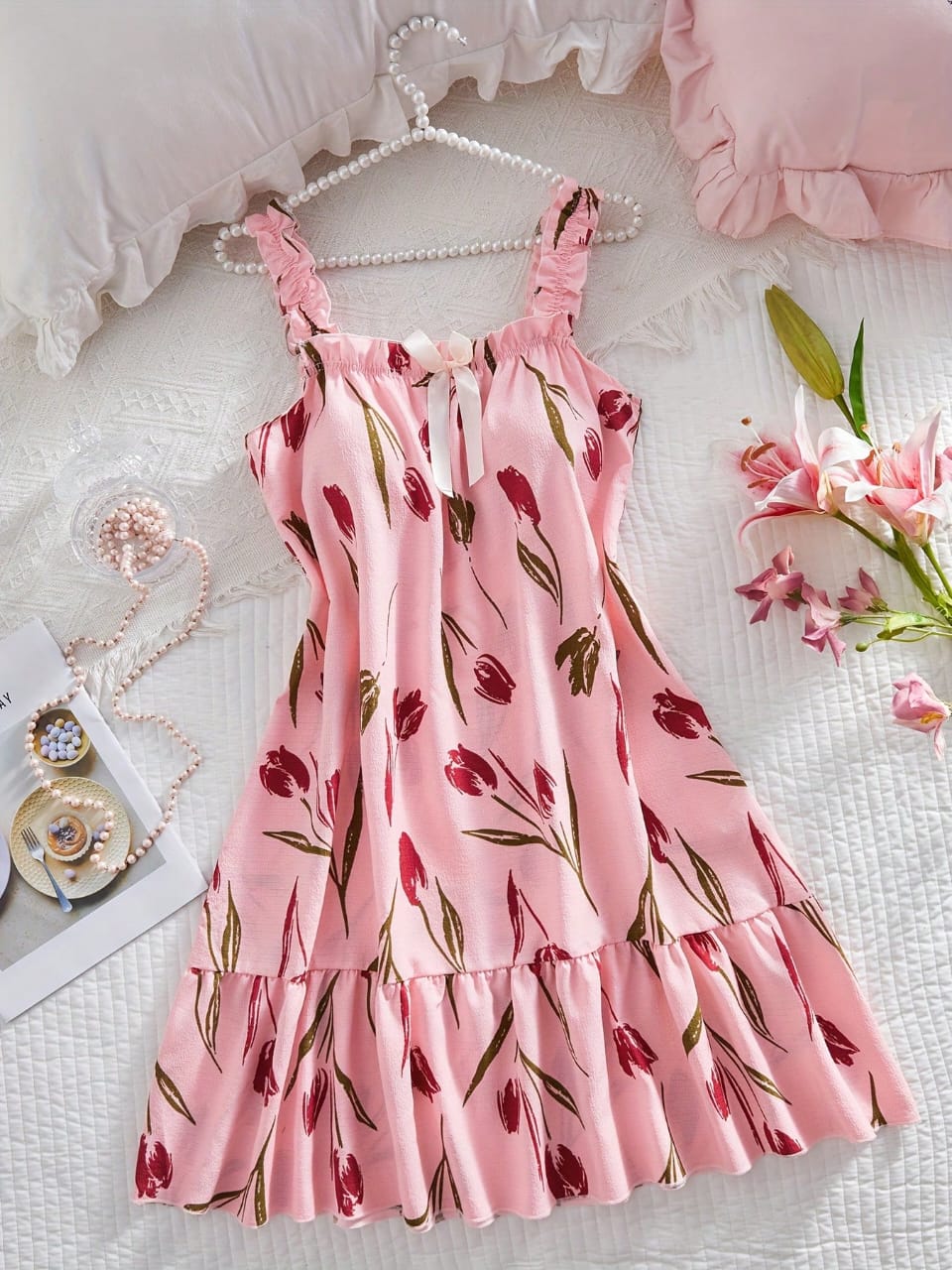 VESTIDO ROSA CON TULIPANES
