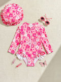 TRAJE DE BAÑO + SOMBRERO CON ESTAMPADO FLORAL DE MANGA LARGA DE NIÑA