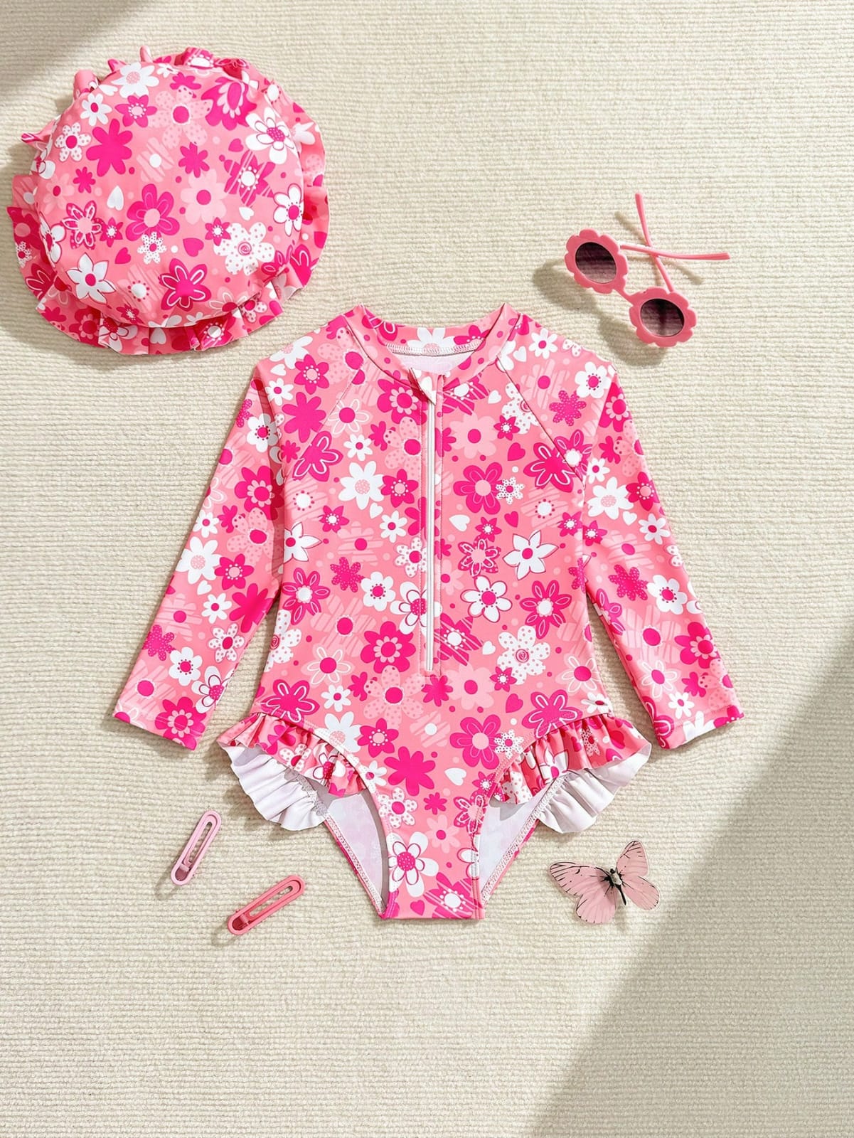 TRAJE DE BAÑO + SOMBRERO CON ESTAMPADO FLORAL DE MANGA LARGA DE NIÑA