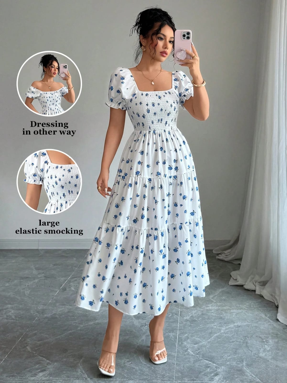 VESTIDO LARGO CON FLORES AZUL