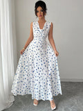 VESTIDO  LARGO DE DAMA CON FLORES AZUL