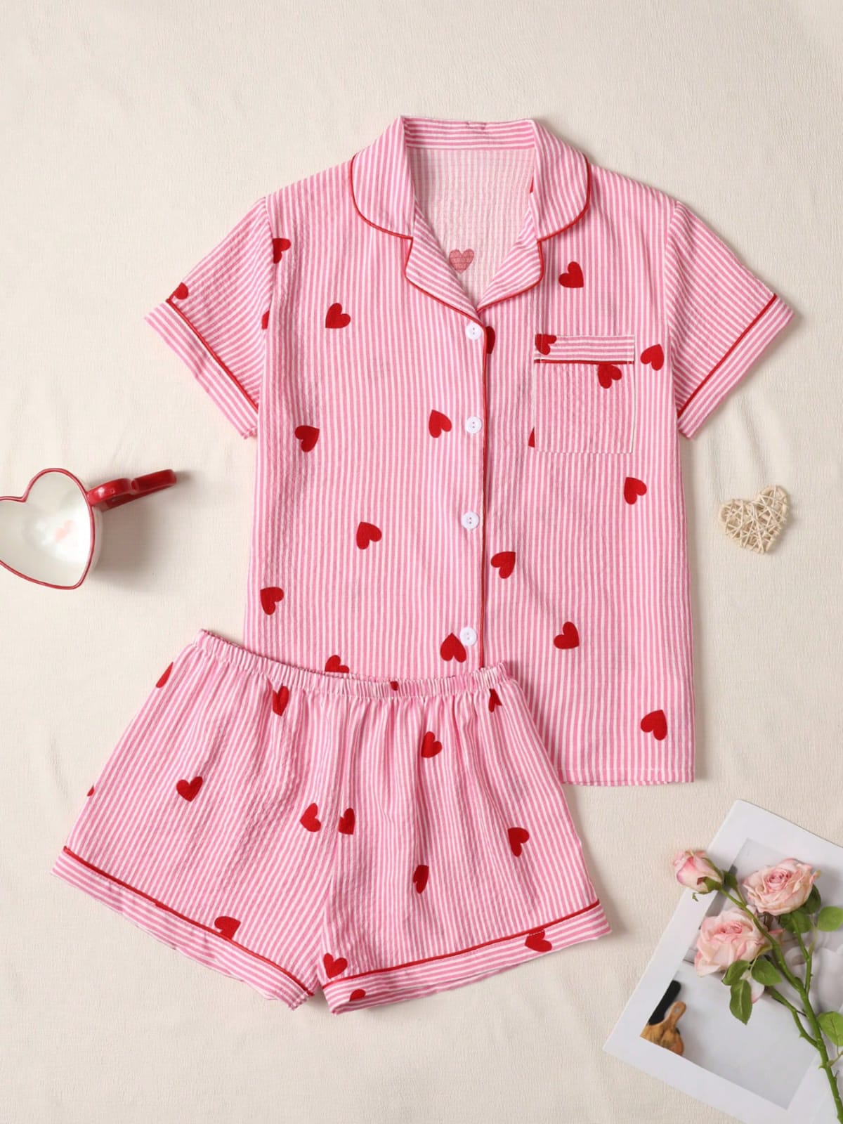 CONJUNTO DE PIJAMA DE CORAZON COLOR ROSADO